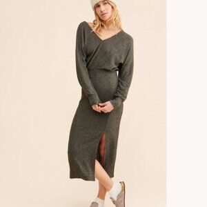 Anthro Daily Practice Barre Ribbed Knit Midi Dress Size S Gray Long Sleeve